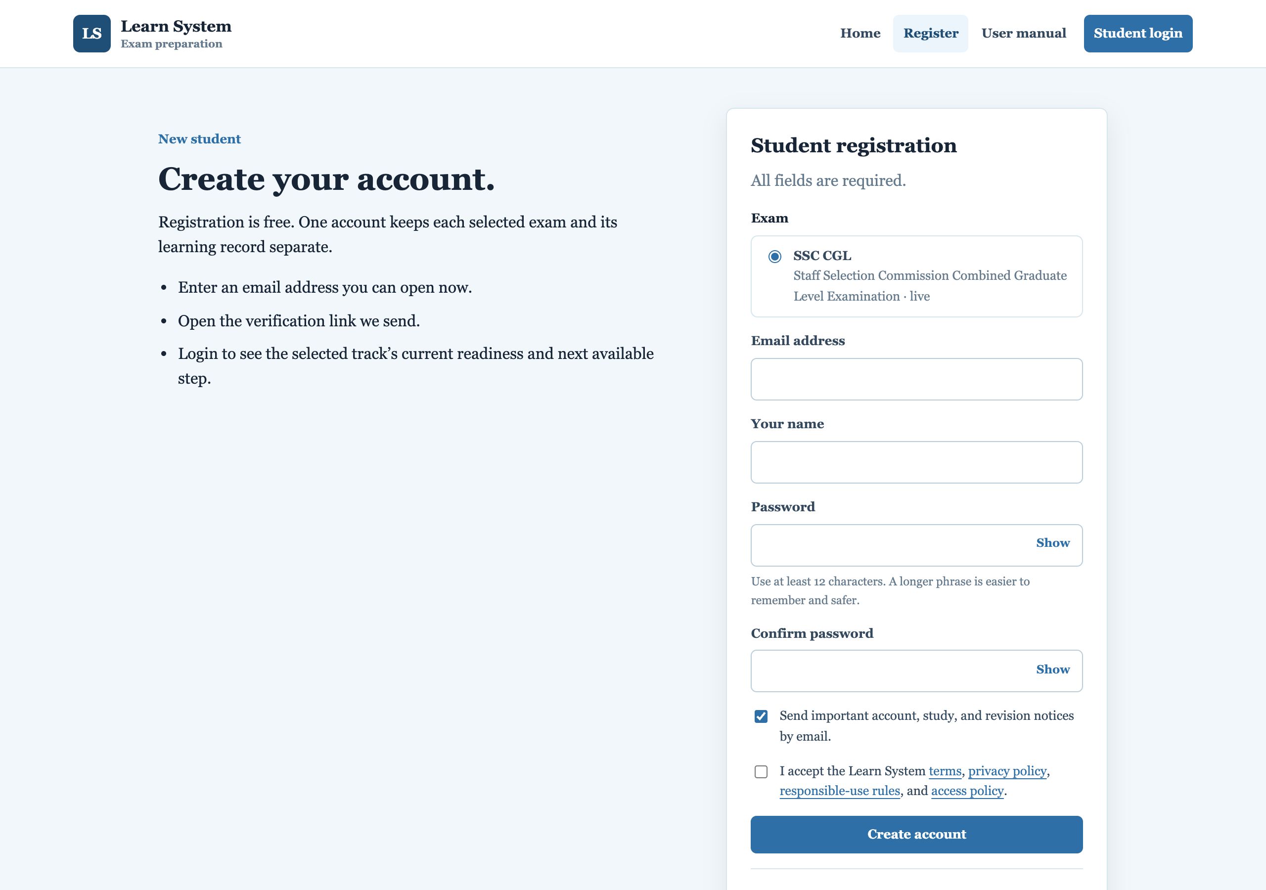 Student registration form
