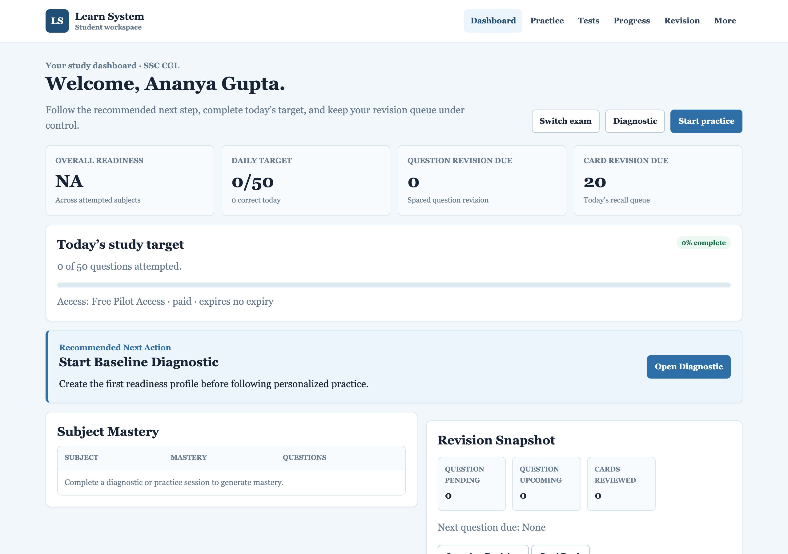 Dashboard of a brand-new student
