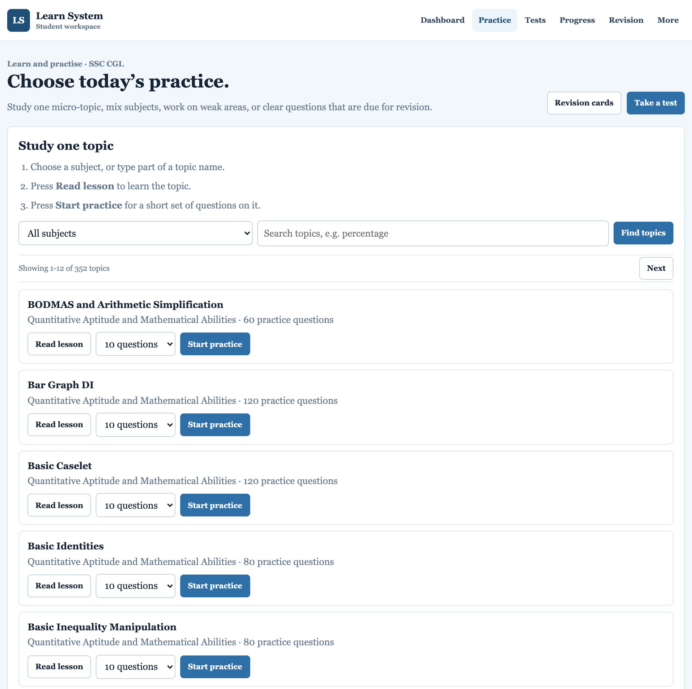Study one topic box at the top of the Practice page