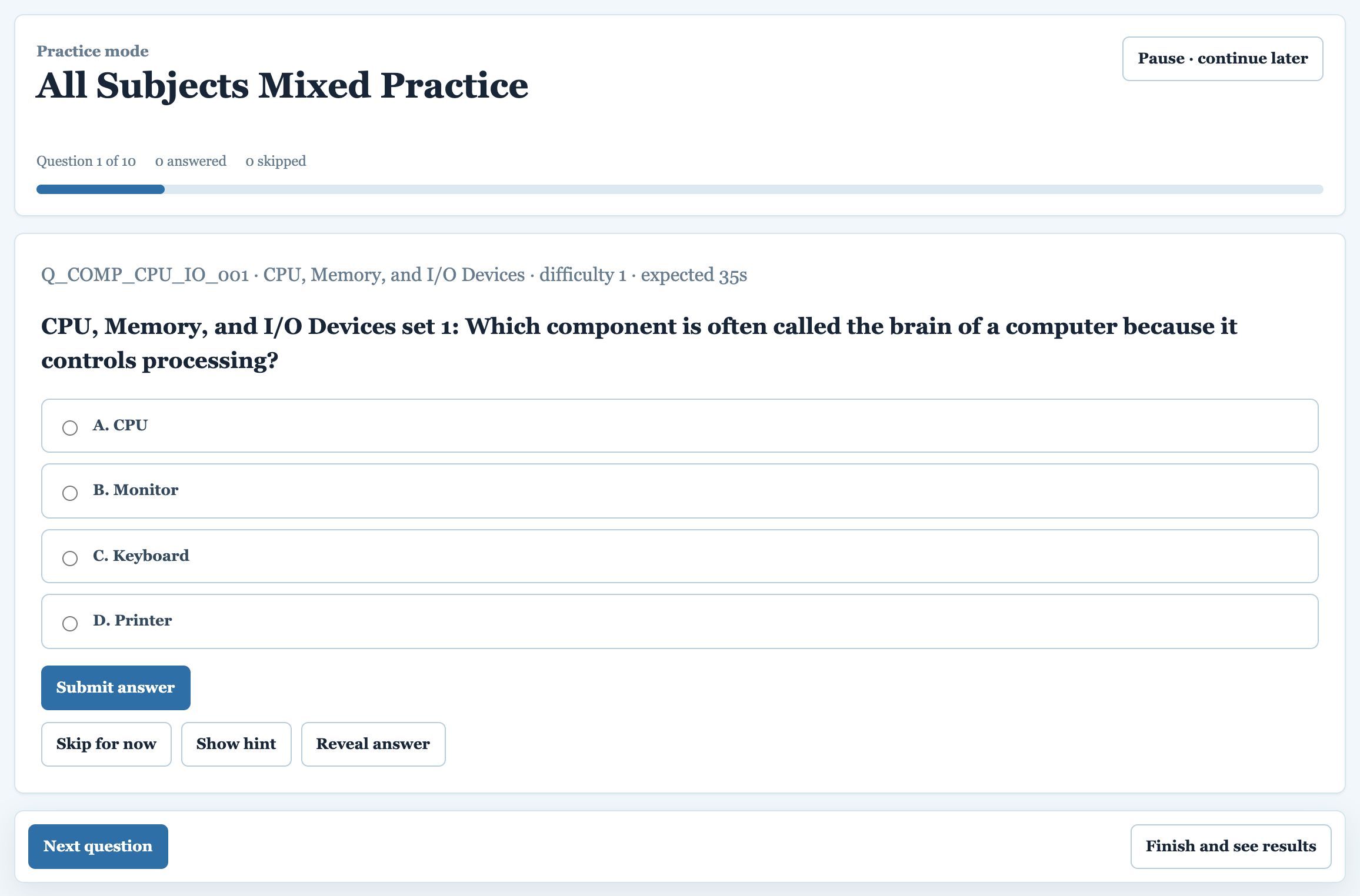 The question screen in practice mode
